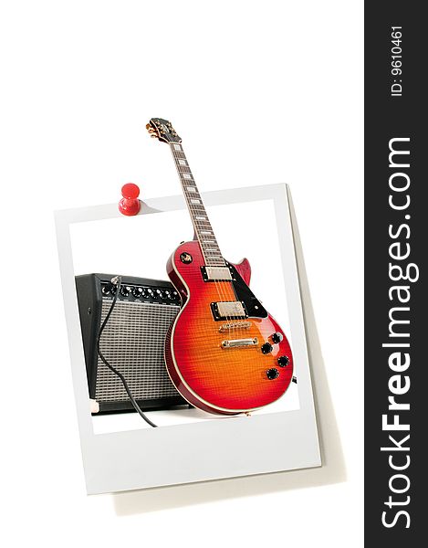 Instant photo print and electric guitar isolated on a white
