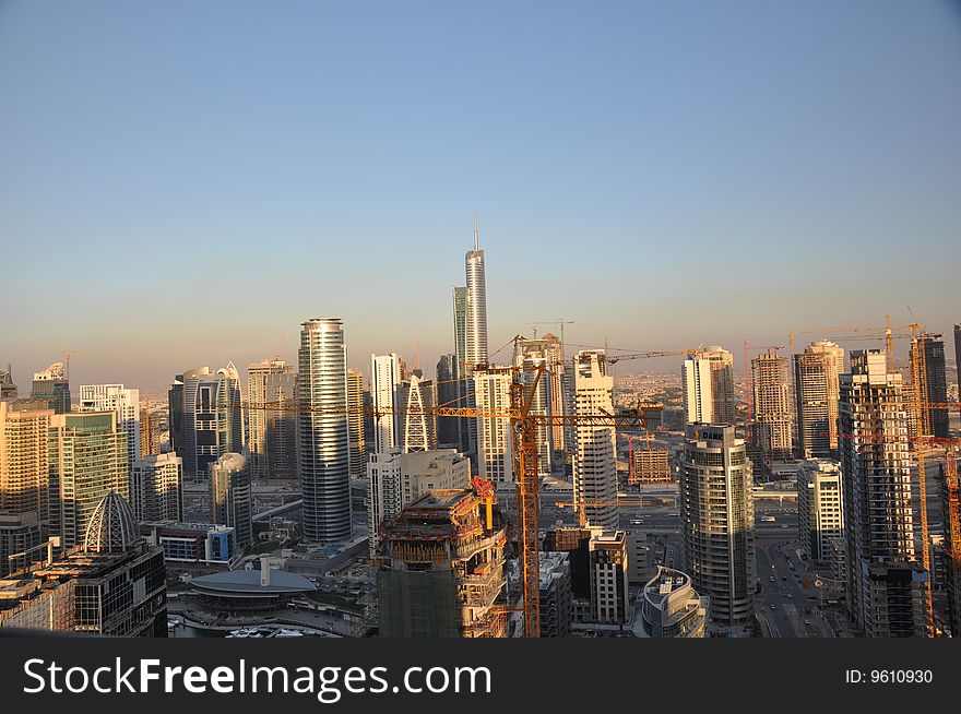 An evening shot of the Dubai Marina landscape taken from the East. An evening shot of the Dubai Marina landscape taken from the East