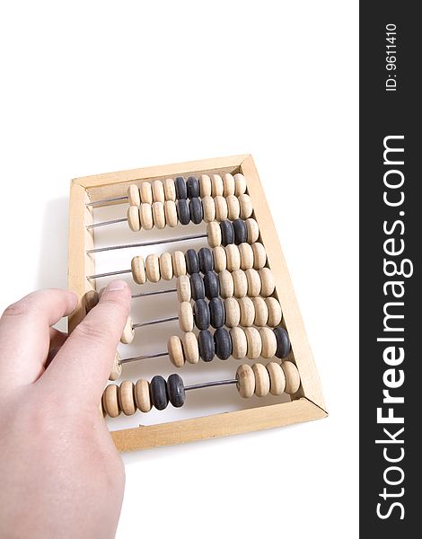 Counting on wooden abacus on white ground