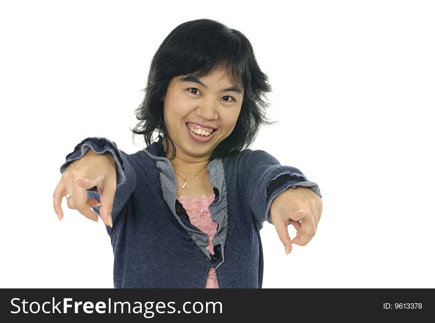 Asian woman pointing at you