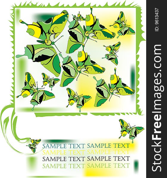 Green butterfly on decorative background with place for text