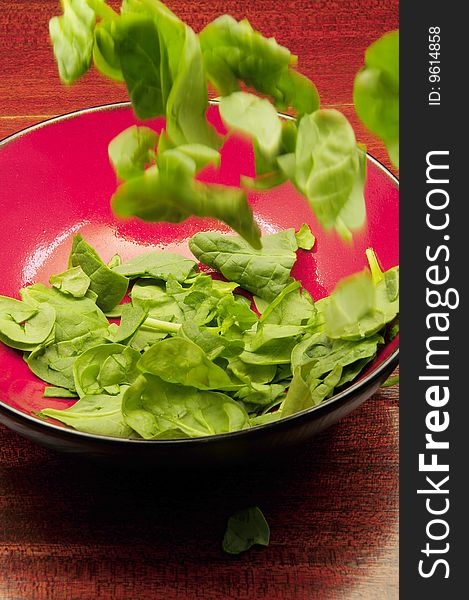 A delicious spinach salad being prepared to be served with a meal. A delicious spinach salad being prepared to be served with a meal