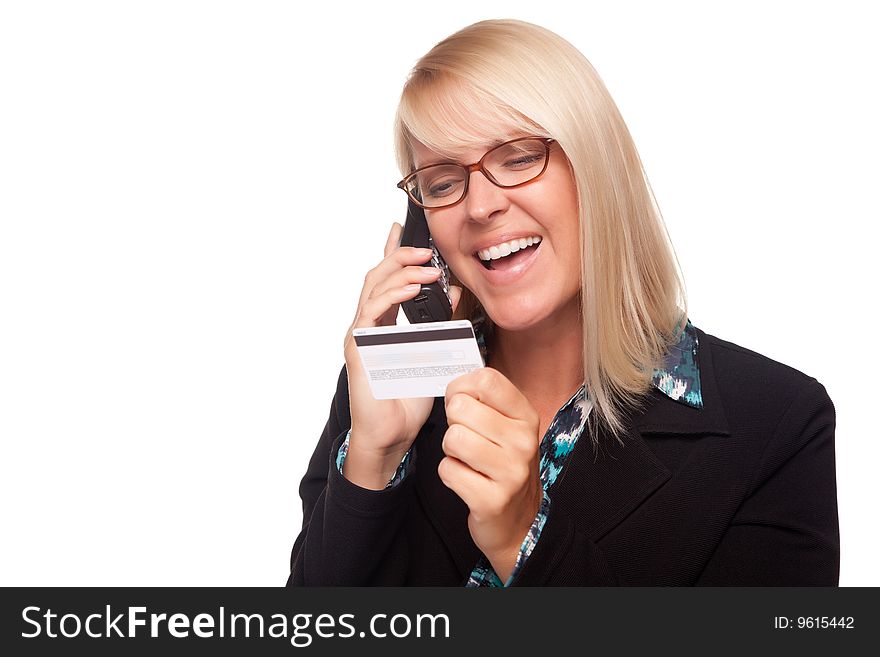 Beautiful Blonde Woman with Phone and Credit Card Isolated on a White Background.