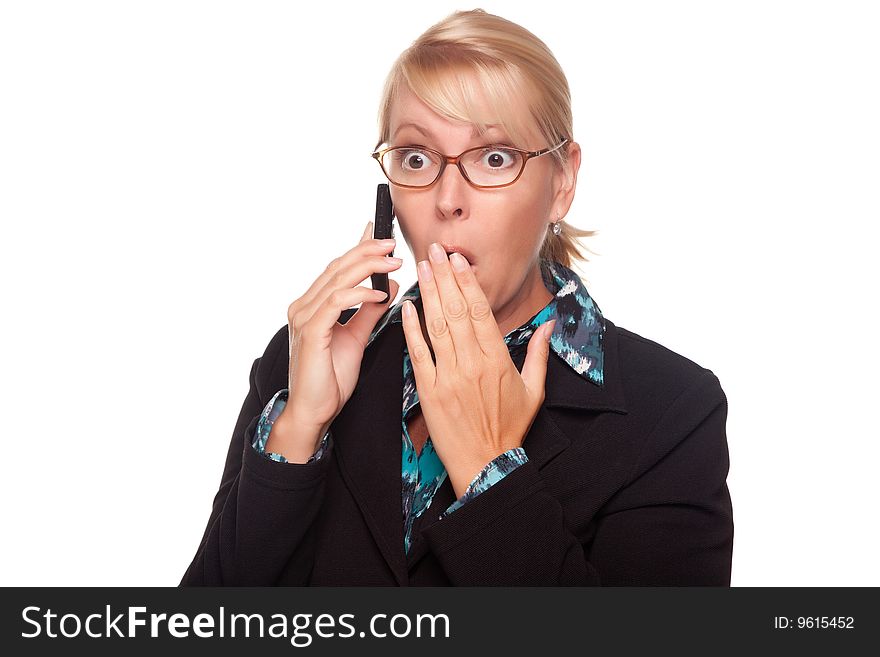 Shocked Blonde Woman on Cell Phone Isolated on a White Background.