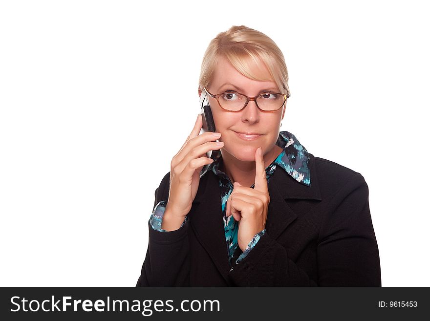 Intrigued Blonde Woman Using Phone Isolated on a White Background.