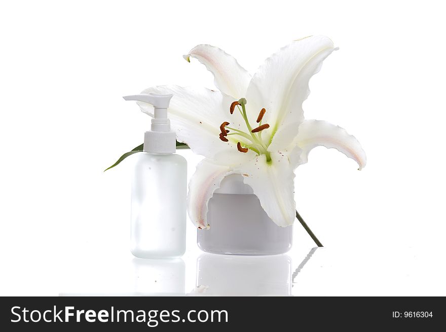 Lotion ,cream lotion and beautiful madonna lily. Lotion ,cream lotion and beautiful madonna lily