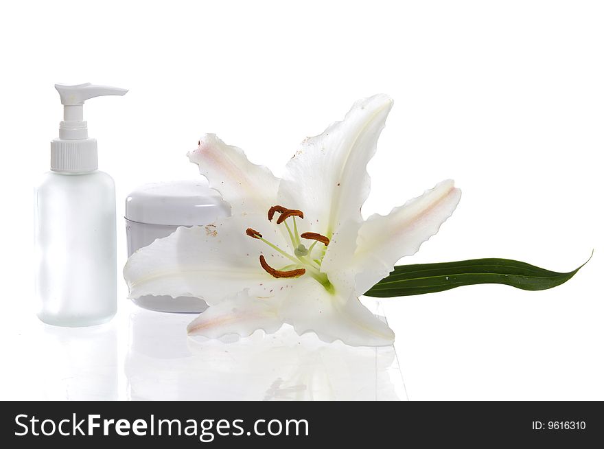 Lotion ,cream lotion and beautiful madonna lily. Lotion ,cream lotion and beautiful madonna lily