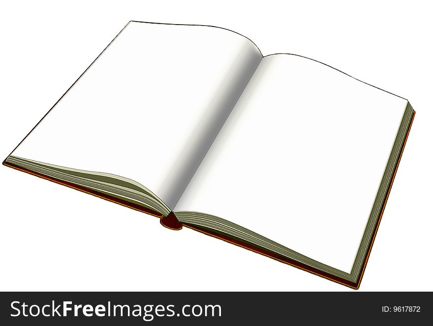 Computer generated opened book with blank pages is over white