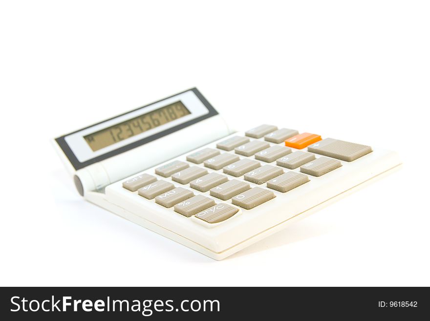 White calculator with white and orange buttons on a white background