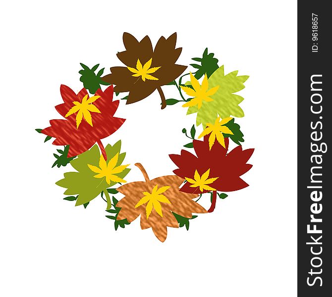 Colorful autumn leaves wreath  illustrated on white. Colorful autumn leaves wreath  illustrated on white