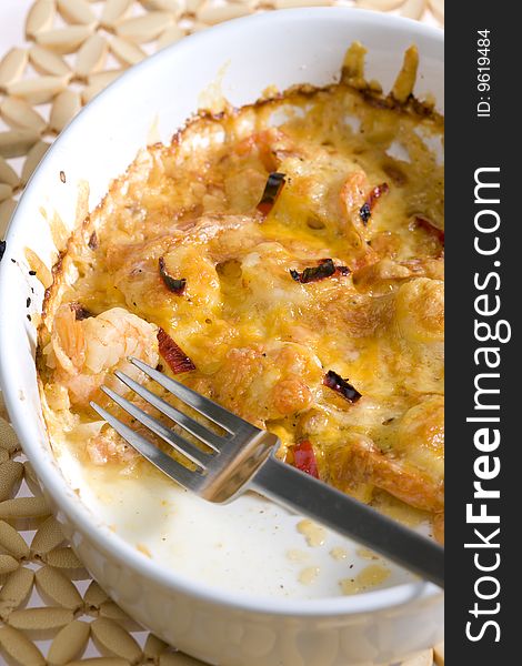 Baked prawns in fry pan. Baked prawns in fry pan