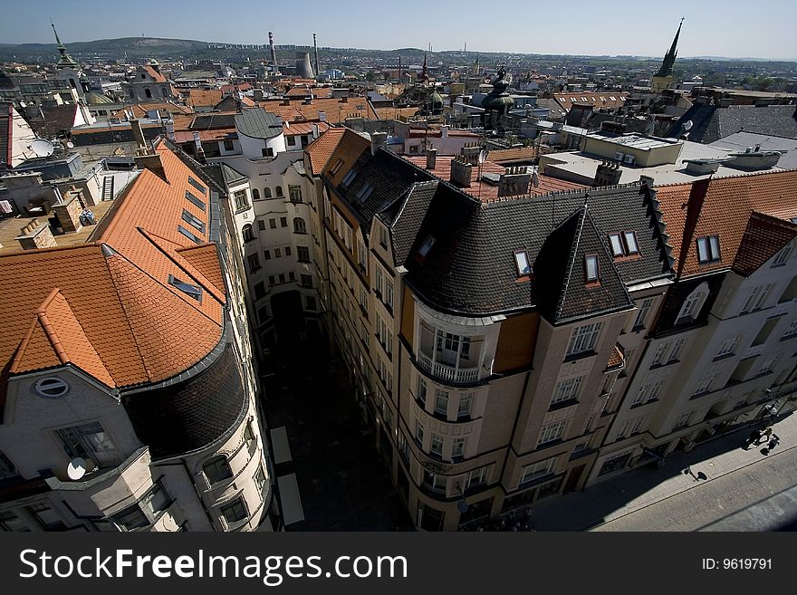 Aerial view of an alley. Shoot from one bell tower in Brno.