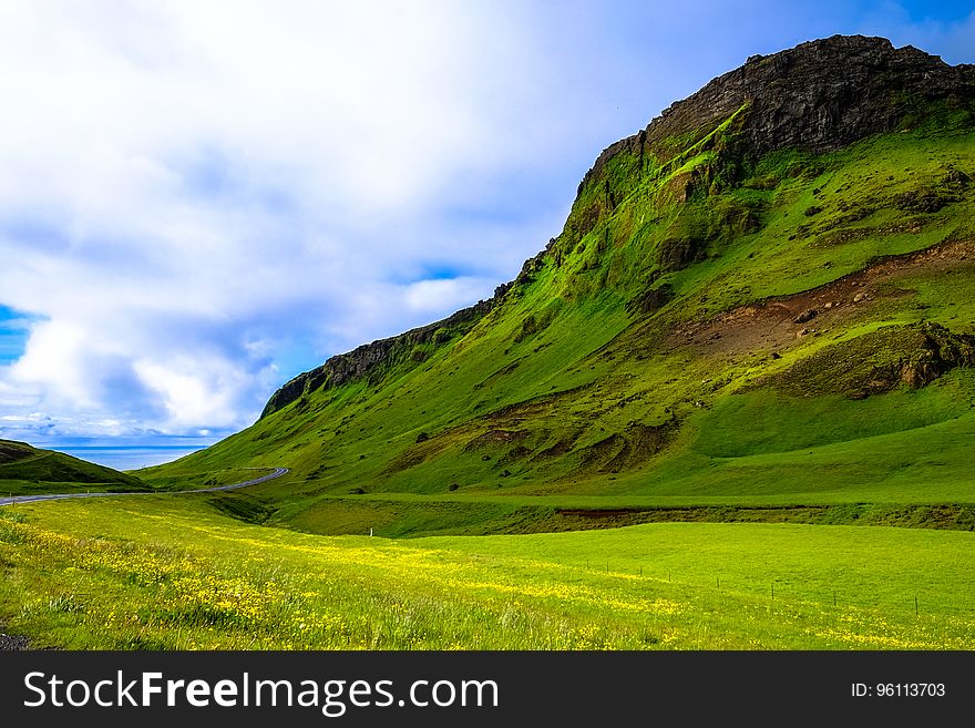 Green meadow covering hillside on sunny day. Green meadow covering hillside on sunny day.