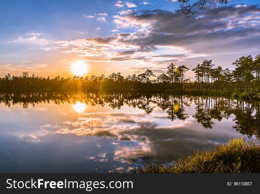 Reflection of the trees and sky surrounding a round natural water source with the sun low in the sky at sunrise/sunset. Reflection of the trees and sky surrounding a round natural water source with the sun low in the sky at sunrise/sunset.