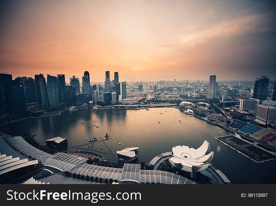 A panoramic view of Singapore waterfront at sunset.