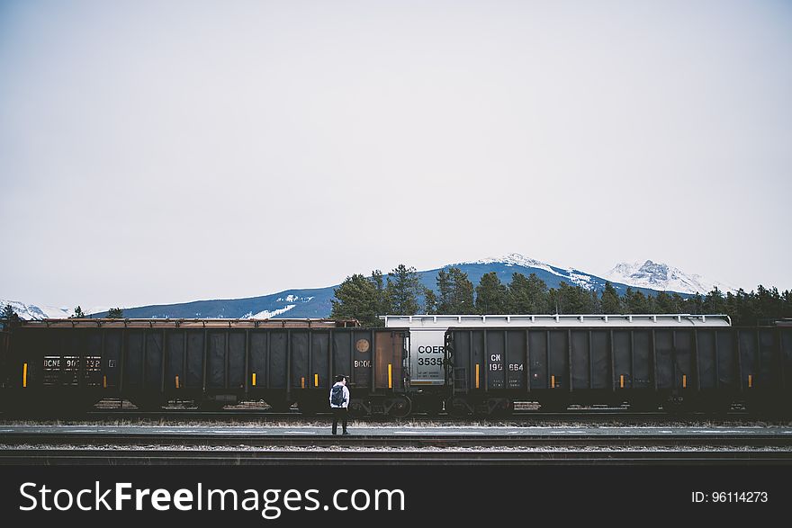 A railway depot with cargo trains and a mountain range in the distance. A railway depot with cargo trains and a mountain range in the distance.