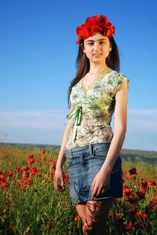 Girl On A Red Poppies Field Stock Images