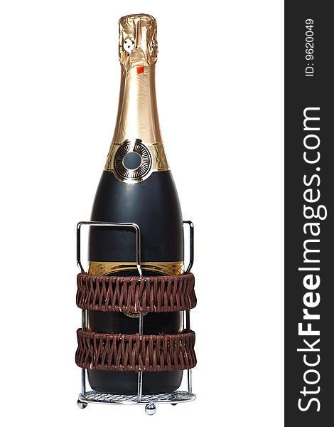 Champagne bottle in a support isolated on a white background