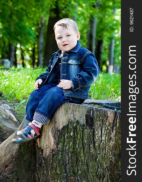 Boy sits on a stub in park