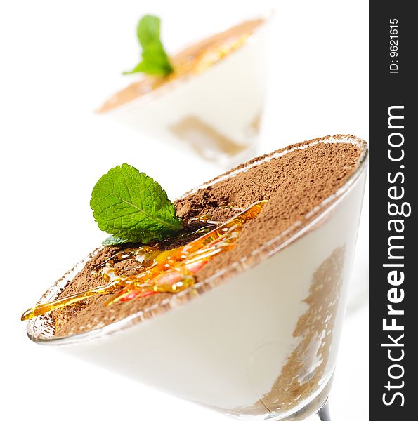 Tiramisu Dessert in a Glass with Mint and Strawberry