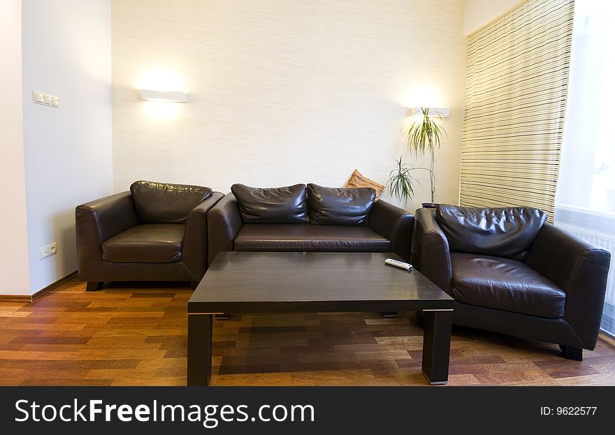 Interior of a modern home with hardwood floor and brown leather sofas.