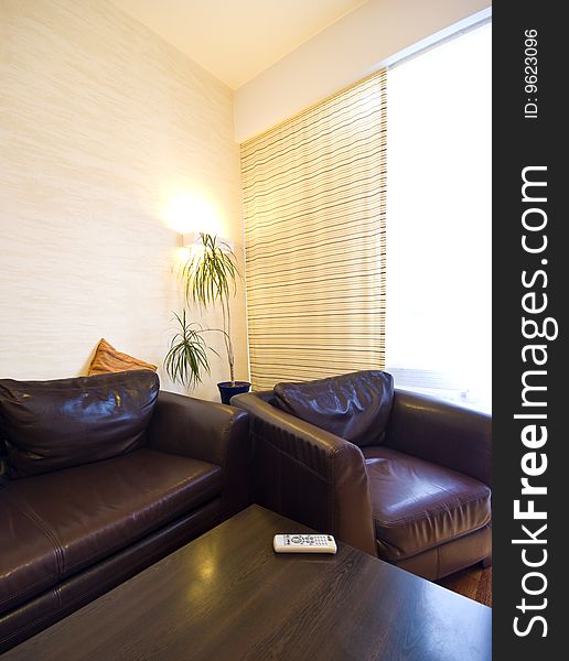 Interior of a modern home with hardwood floor and brown leather sofas.