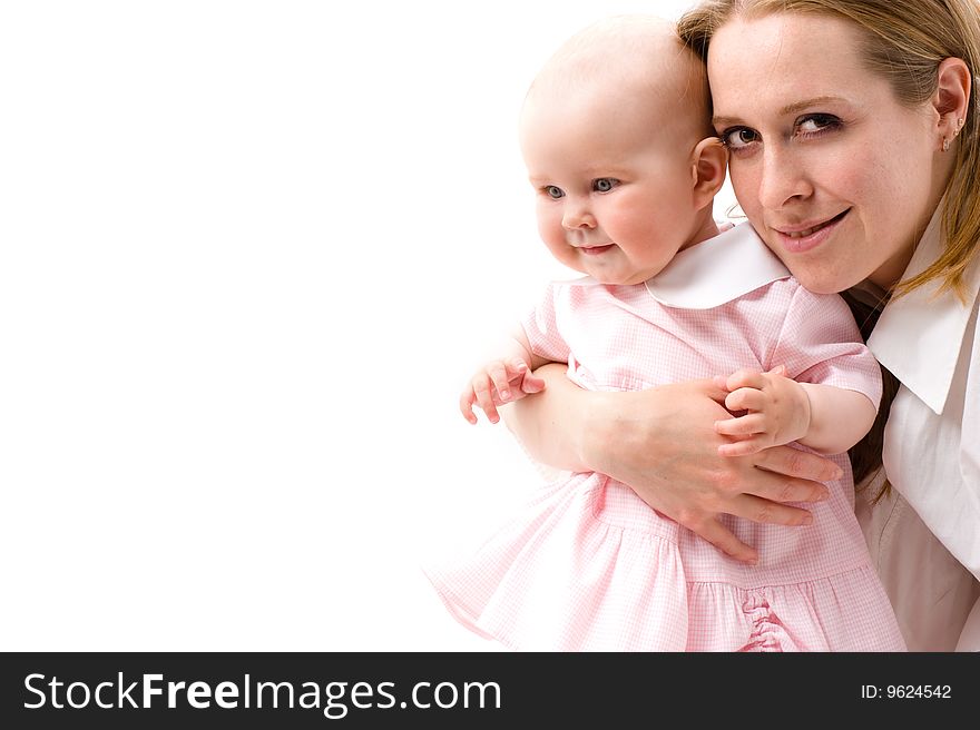 Portrait of mother holding a young baby. Isolated on white background.