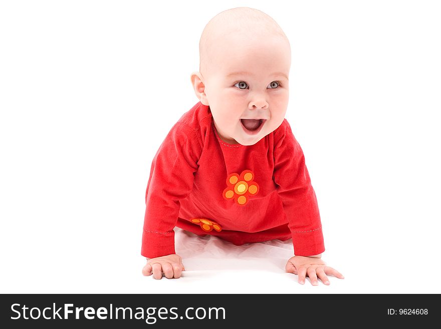 Cute happy baby girl on white background