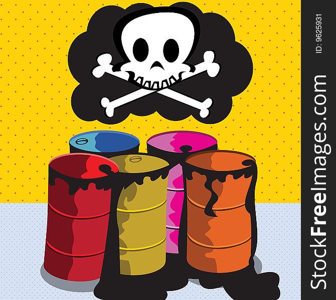 Cartoon vector illustration toxic barrels with a skull above them