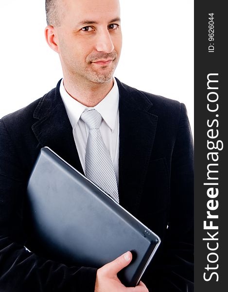 A Successful businessman holding laptop