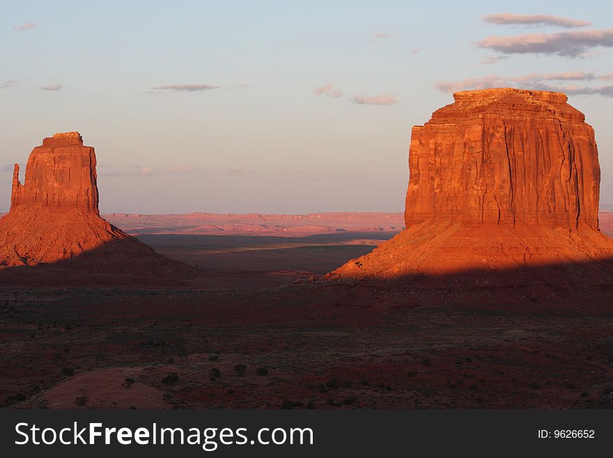 Monument Valley Panorama with East Mitten Butte and Merrick Butte at sunset. Monument Valley Panorama with East Mitten Butte and Merrick Butte at sunset