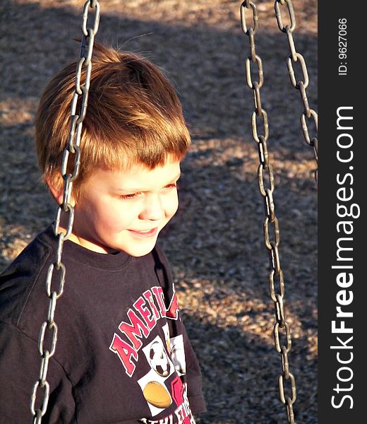 A young boy swinging on a tire swing in a park. A young boy swinging on a tire swing in a park.