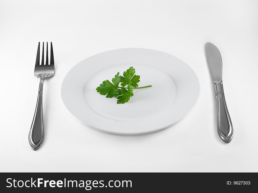 The leaf of a parsley lays on a white plate