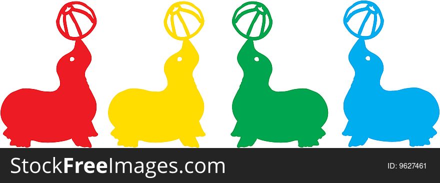 Four colored seals playing with balls. vector image. Four colored seals playing with balls. vector image