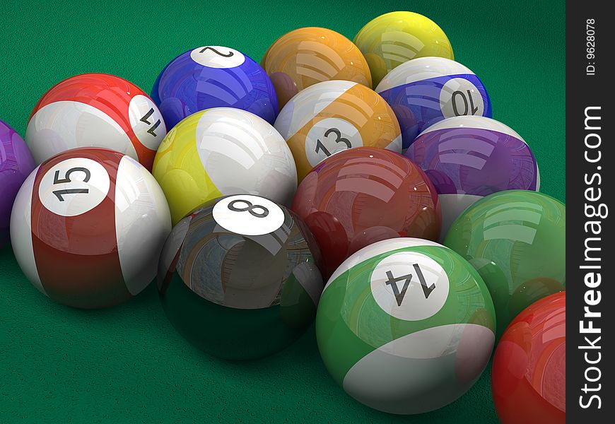 A lot of billiard ball on green background. A lot of billiard ball on green background