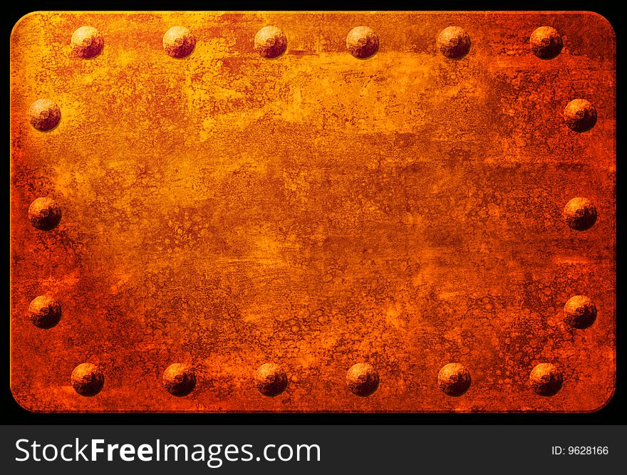 A rusted metal plaque with rivets. A rusted metal plaque with rivets.