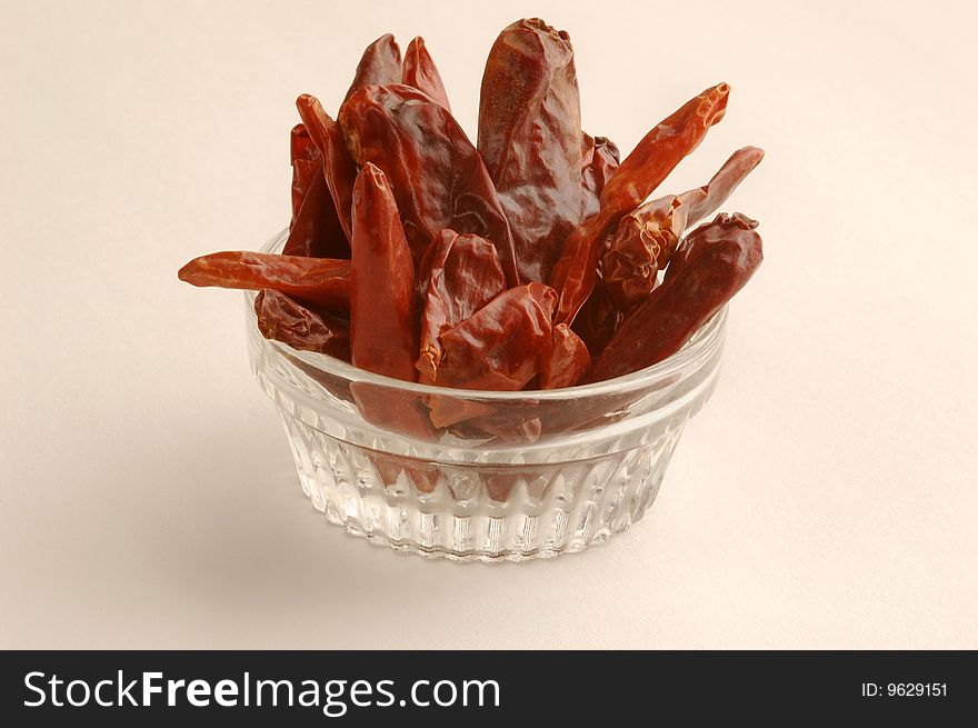 Glass bowl filled with dried red peppers.