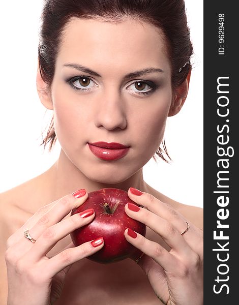 Close-up portrait of young beautiful healthy woman with red apple isolated on white. Close-up portrait of young beautiful healthy woman with red apple isolated on white