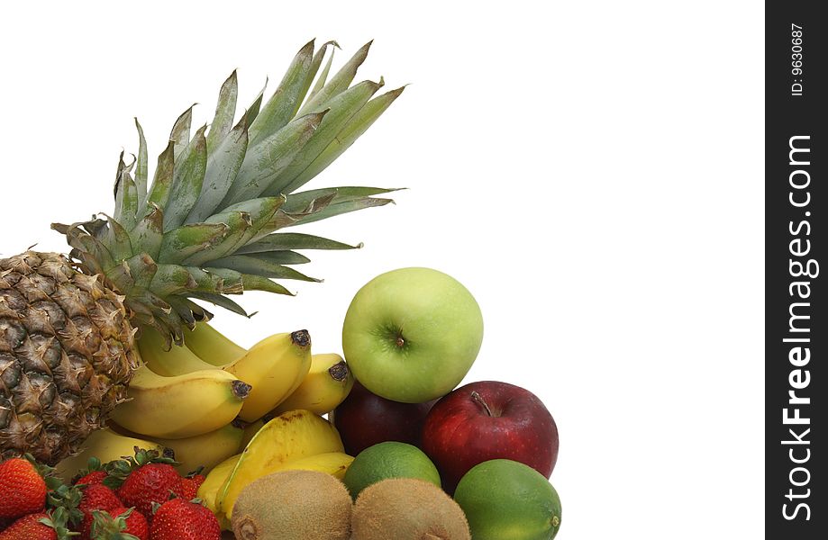 An arrangement of various fruits on a white background. An arrangement of various fruits on a white background.