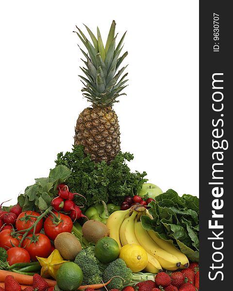 An arrangement of various fruits and vegetables on a white background. An arrangement of various fruits and vegetables on a white background.