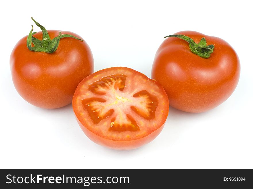 A ripe tomato is in white background