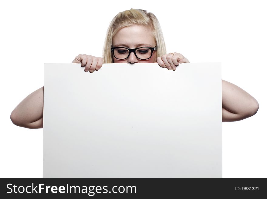 Young Blonde Girl Hiding Behind White Board