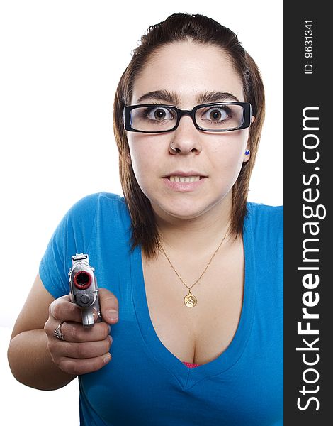 Young Girl With Funny Face Pointing Gun