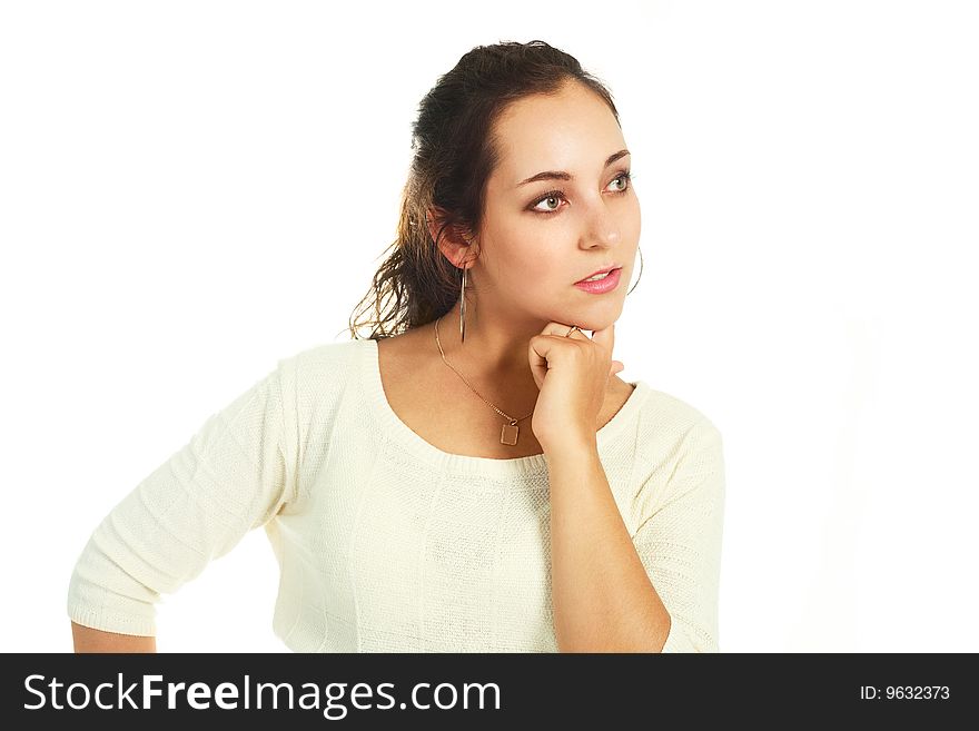 Portrait of a beautiful young thoughtful woman against white background. Portrait of a beautiful young thoughtful woman against white background