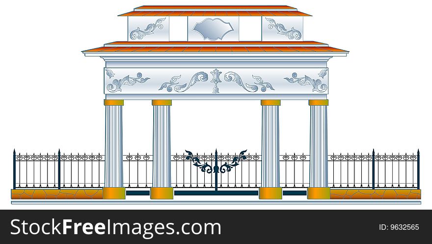 Column arch and decorative metal fence, vector illustration