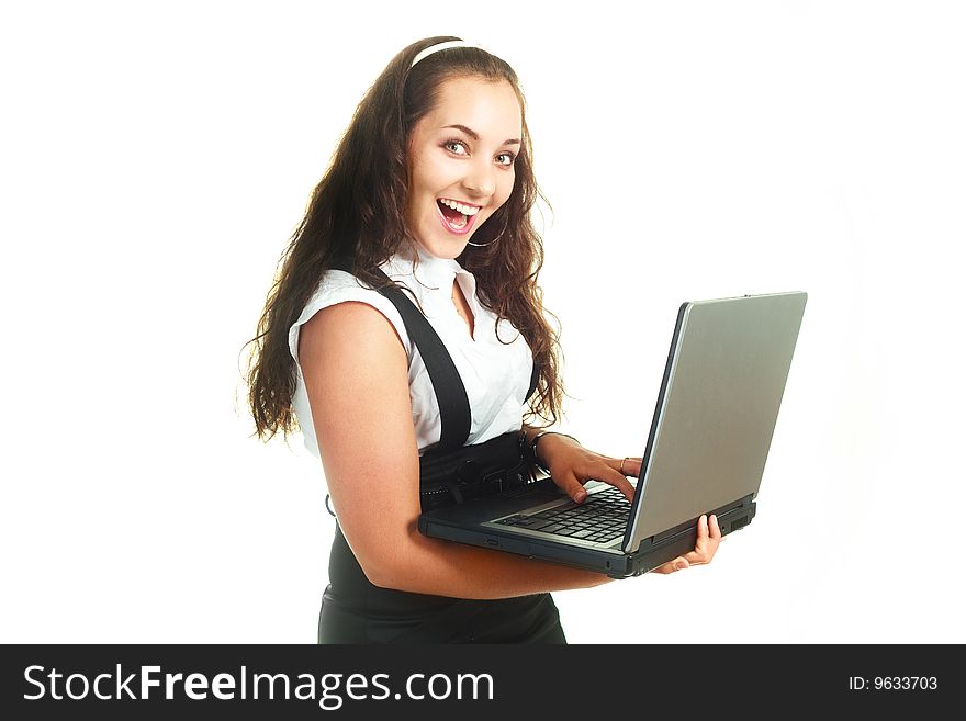 Portrait of a young beautiful excited woman holding a laptop. Portrait of a young beautiful excited woman holding a laptop