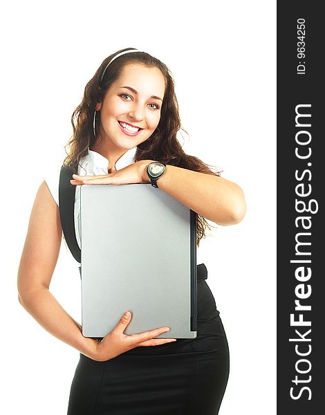 Portrait of a young beautiful successful woman holding a laptop. Portrait of a young beautiful successful woman holding a laptop