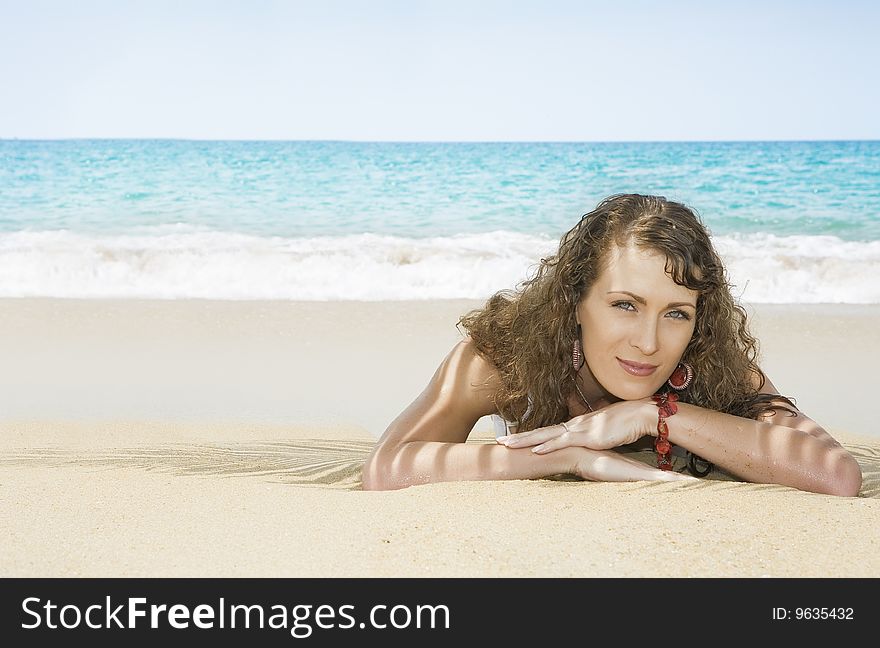 Portrait of beautiful girl having good time on tropical beach. Portrait of beautiful girl having good time on tropical beach