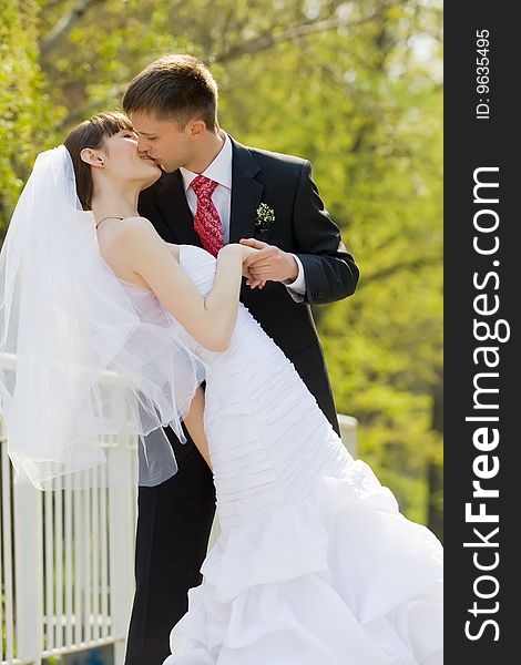 Colorful wedding shot of bride and groom kissing. Colorful wedding shot of bride and groom kissing