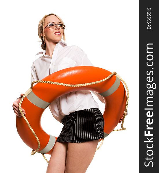 Businesswoman with red life buoy